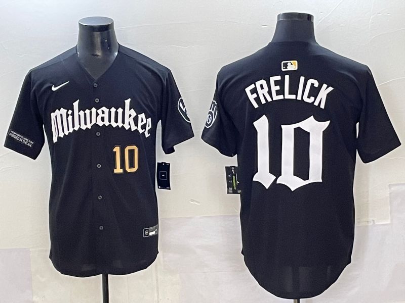 Men 2025 Milwaukee Brewers #10 Frelick Black Five generations Joint Name Nike MLB Jersey style 05